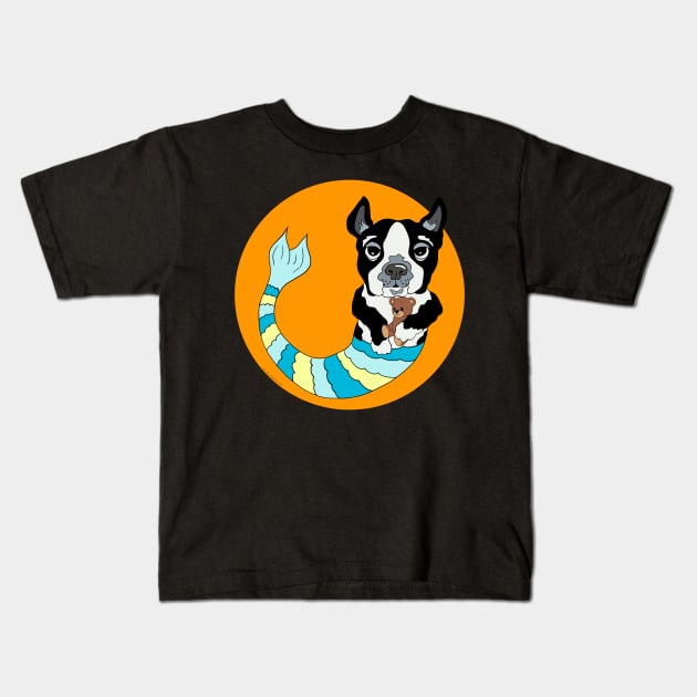 Boo the Boston Terrier Mermutt Kids T-Shirt by abrushwithhumor